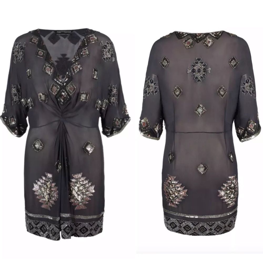 Allsaints Dress 100% Silk Sequin Bead Hand Embelli